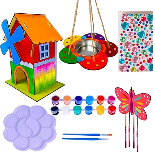 Wooden Bird House Painting Kit for Little Ones, DIY Bird House Set with Windmill Birdhouse 7.87 in / 20 cm and Flower Feeder, 12 Paints, 2 Brushes, Diamond Stickers, Bird Wind Chime, Gift Box