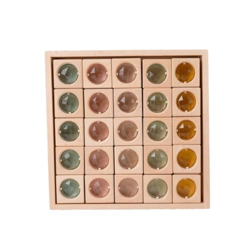 AWHAO Wooden Block Board with Acrylic Blocks Translucent Wooden Blocks with Acrylic Pieces Faceted Block Board for Preschoolers, Young Children, Playroom, 25 Macaron Gem Blocks