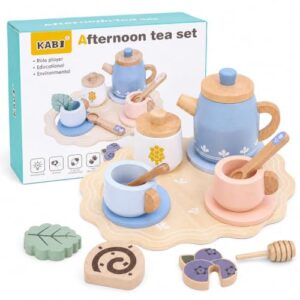 Wooden Blue Tea Set Toys - Kids Pretend Play - Tea Party Set with Tea Cup Set and Play Kitchen Accessories - Montessori Toys - Cooking Set - Gift Set for Girls Boys