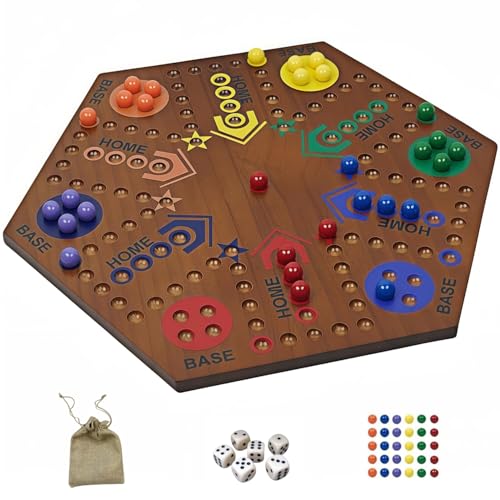 Wooden Board Games- -Marble Board Game -Surfacepainting-Double Sided Painted 15inch Fast Track for 6 and 4 Players with 6 Colors 30 Marbles 6 Dice for Kids Friends Family Game Party (Walnut)