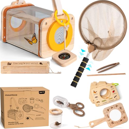 Wooden Bug Catcher Kit for Kids, 10PCS Outdoor Explorer Set with Bug House, Butterfly Net, Magnifier & Tools, Catch & Release STEM Nature Kit, Non-Plastic Educational Gift for Boys & Girls