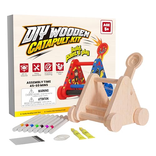 Wooden Catapult Crafts Kits for Kids Age 5-12, Painting and Building Wood Arts Crafts DIY Model Cars, Build it Yourself Woodingworking Kit, Easy to Assemble Birthday Party Gifts for Boys and Girls