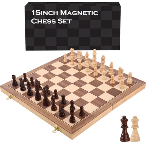 Wooden Chess Set 15 Inch - Classic Handcrafted Game Board for Adults with Extra Queen Pieces and Storage Box - Ideal for Home and Travel -Magnetic (Classic Pieces)