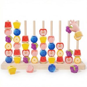 Wooden Fruit Sorting Stacking Toys for Toddlers - Montessori Logic Puzzle Game, Color Matching & Fine Motor Skills Educational Learning Gift for 3 4 5 Year Old Kids, Brain Teaser with Fruit Blocks