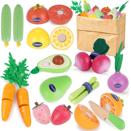 Wooden Fruit & Vegetable Play Food Set for Kids kitchen Accessories - Toddler Montessori Play Kitchen Food Toys, Wooden Cutting Toy with Storage Bag, Grocery Pretend Play Gifts for Girls Boys Ages 3+