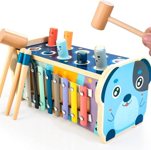 Wooden Hammering Pounding Toy for Toddlers 1-3, Montessori Toys for 1 Year Old with Pounding Bench, Xylophone, Number Maze Puzzle, Educational Toddler Activities Birthday Gift for Boys Girls