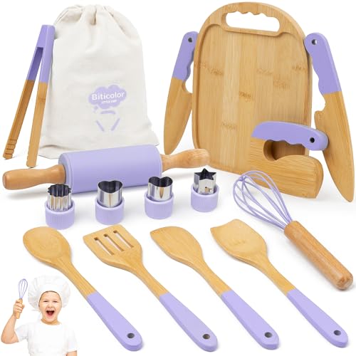 Wooden Kids Cooking Set Montessori Kit - Real Toddler Kitchen Tools & Baking Utensils - 30PCS Cooking Kit for Kids with Storage Bag, Great Gift for Pretend Play & Montessori Learning (Purple)