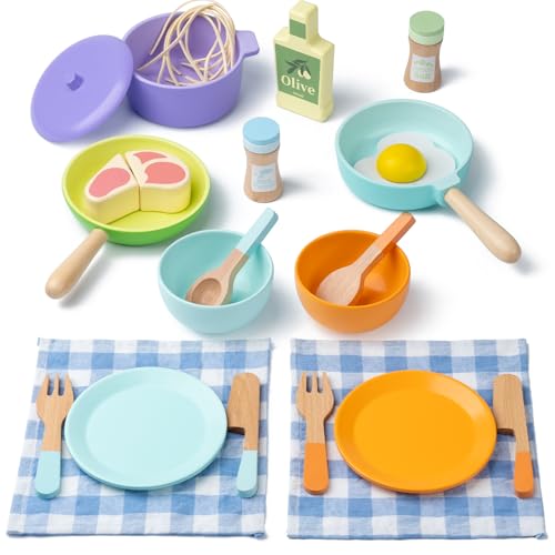 Wooden Kitchen Toys for Toddlers, Montessori Pretend Play Kitchen Accessories, Play Food Sets for Kids Kitchen, Pots and Pans Cooking Sets, Gifts for 3 4 5 Years Old Girls Boys