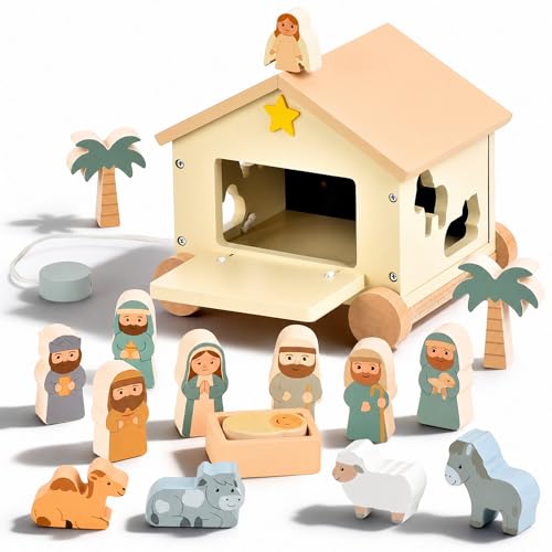 Wooden Nativity Set Montessori Toy for Toddlers 18M+, Pull Along Shape Sorter House, Christian Bible Toys for Kids, Baptism Gifts for Boys Girls, Christening, Baby Dedication & 1st Birthday Gifts