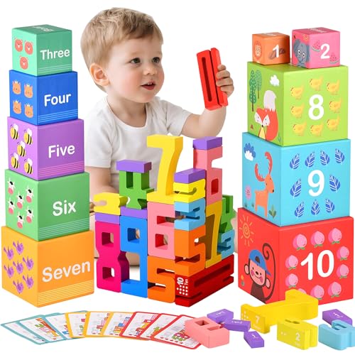 Wooden Number Building Blocks & Stacking Toys for Toddlers 3+ Years Old, Digital Building Blocks, 1-10 Digital Blocks Toys, Balance Competition Toy, Educational Gift for Kids Boys and Girls