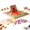 Wooden Pattern Blocks for Kids 210 Pieces Colorful Geometric with Teaching