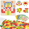 Wooden Pattern Blocks with Grid Board 142PCS Wood Mosaic Tiles Montessori Shape Puzzle Tangrams for Kids with Storage Bag Preschool Educational Toys for Boys Girls Ages 3+