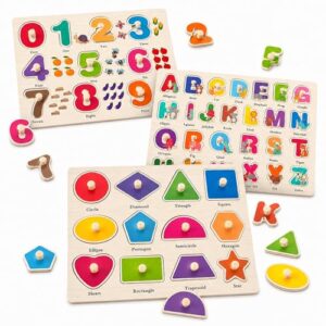 Wooden Peg Puzzles for Toddlers, 3 Pack Large Wooden Knob Puzzles for Ages 3-5, Montessori Shape Matching Toys, Preschool Learning Puzzles for Fine Motor Skills, Birthday Gifts for Boys Girls 3 4 5