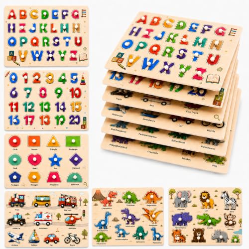 Wooden Peg Puzzles for Toddlers Ages 3-5, 6 Pack Large ABC Alphabet Number Shape Animal Dinosaur Vehicle Puzzle Set, Preschool Learning Toys, Montessori Educational Gifts for 3 4 5 Kids Boys Girls