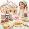 Wooden Picnic Playset for Toddlers 3 4 5 6, Outdoor Play Food Set with Storage Basket Basket - Montessori Pretend Play Toys Kitchen Role Play Accessories-Christmas & Birthday Gift for Girls Boys