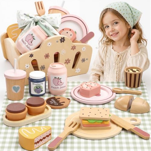 Wooden Picnic Playset for Toddlers 3 4 5 6, Outdoor Play Food Set with Storage Basket Basket - Montessori Pretend Play Toys Kitchen Role Play Accessories-Christmas & Birthday Gift for Girls Boys