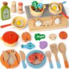 Wooden Play Kitchen Accessories Cooking Set, Kids Pots and Pans Playset with Storage Stove, Pretend Play Wooden Kitchen Toys for Toddlers 2-5 Years Old Girls Boys
