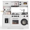 Wooden Play Kitchen for Kids, 8-in-1 Kitchen Set for Toddlers with 11 Accessories, Storage, Interactive Pretend Kitchen with Lights,Sounds, Realistic Cooking Playset for Imaginative Play, Ages 3+