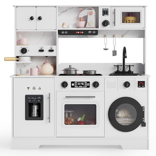 Wooden Play Kitchen for Kids, 8-in-1 Kitchen Set for Toddlers with 11 Accessories, Storage, Interactive Pretend Kitchen with Lights,Sounds, Realistic Cooking Playset for Imaginative Play, Ages 3+