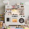 Wooden Play Kitchen for Kids, 8-in-1 Kitchen Set for Toddlers with 11 Fun Accessories & Storage, Interactive Kitchen with Sound, Lights, Realistic Pretend Play Toys for Cooking Fun, Gift for Ages 3+