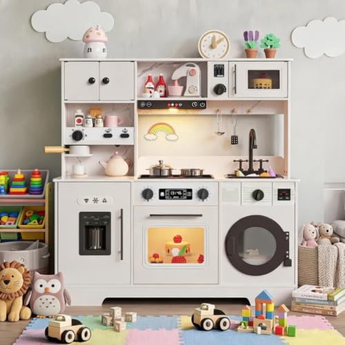 Wooden Play Kitchen for Kids, 8-in-1 Kitchen Set for Toddlers with 11 Fun Accessories & Storage, Interactive Kitchen with Sound, Lights, Realistic Pretend Play Toys for Cooking Fun, Gift for Ages 3+