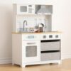 Wooden Play Kitchen for Kids, Toy Kitchen Set with Realistic Lights & Sounds, Toddler Kitchen Playset with 2 Drawers, Faucet, Stove & Oven, Pretend Play for Girls & Boys Ages 3+