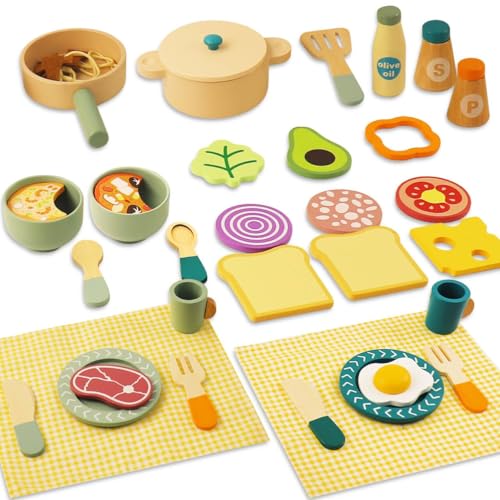 Wooden Pot and Pan for Play Kitchen, Wooden Kids Play Kitchen Accessories, Pretend Play Toys, Kids Pots and Pans Playset, Kitchen Playset Accessories
