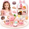 Wooden Pretend Play Tea Set Toy for Toddlers 3-5, Play Kitchen Accessories with Play Food