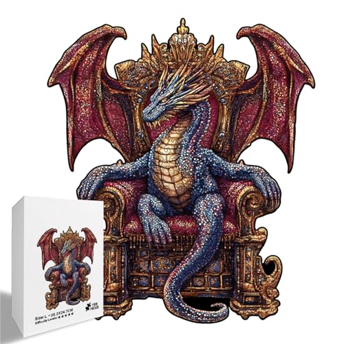 Wooden Puzzle for Adults, Dragon on the Throne Irregular Unique Shape Jigsaw Puzzles, Stress Relief,Home Decor Art Puzzles, Ideal Gift for Puzzle Lovers (M 8.2 * 7.2 INCH 110PCS)
