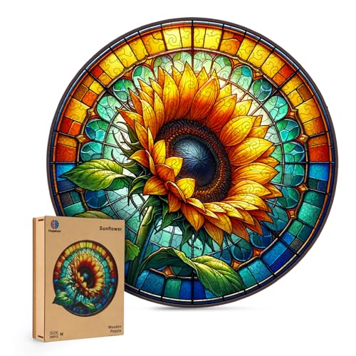 Wooden Puzzle for Adults, Stained Glass Sunflower Puzzle, Wooden Jigsaw Puzzles with Wooden Box, Unique Plant Shaped Wood Cut Puzzles, Family Games for Kids and Adults, 200 Pieces 11.37"x 11.22"