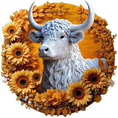 Wooden Puzzle for Adults, Sunflower Highland Cow Wooden Jigsaw Puzzle 200 Piece, Unique Animal Shaped Wooden Puzzles Adults, Fun Challenging Puzzle Gifts for Friends Family Game Home Decor 11.2*9.2in