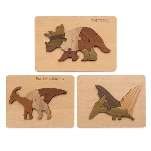 Wooden Puzzle for Toddler 1-3, Montessori Dinosaur Toys for Kids 2 Year Old, Preschool Educational Toy | Learning Animal & Number, 3 Pack Natural Wood Jigsaw Puzzles for Boys Girls Ages 2-4