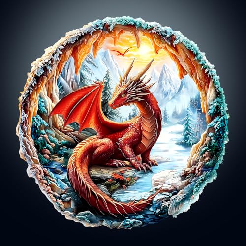 Wooden Puzzles for Adults - Crimson Dragon Wooden Jigsaw Puzzle - Unique Shape 3D Vision Wood Puzzles Adult - Christmas Birthday Gifts for Adults/Friends/Family - 195pcs 11.4 * 11.4in