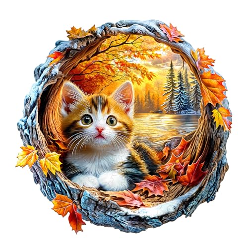 Wooden Puzzles for Adults - Kitten in Autumn Wooden Jigsaw Puzzle, Unique Animal Shaped Wood Puzzles Adult, Christmas Birthday Gifts for Friends/Family, Home Decor 11.4 * 11.3in 190pcs