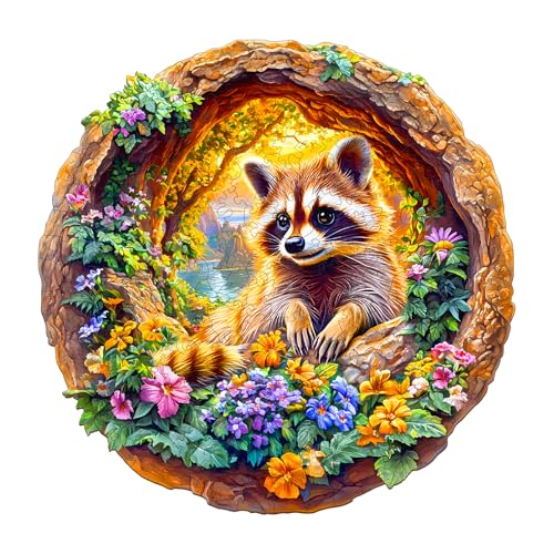Wooden Puzzles for Adults - Raccoon on Vacation Wooden Jigsaw Puzzle - Unique Animal Shaped Wood Puzzles Adult - Christmas Birthday Gifts for Adults/Friends/Family - 295pcs 13.4 * 13.3in
