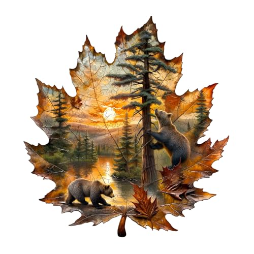 Wooden Puzzles for Adults, Brown Bear Autumn Maple Leaf Wooden Jigsaw Puzzle, Unique Animal Shaped Wood Puzzles Adult,Creative Gifts for Friends/Family/Puzzle Lovers,Home Decor(L-13.4 * 12.4in 220pcs)
