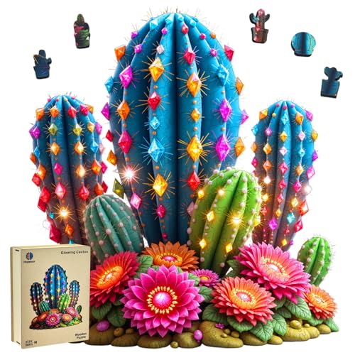 Wooden Puzzles for Adults, Glowing Cactus Flower Wooden Jigsaw Puzzle 200 Pieces, Unique Shaped Wooden Puzzle, Creative Gift for Mom Friends Kids Family Game Night Home Decor 11 * 10.3in