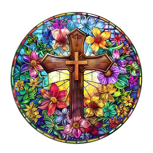 Wooden Puzzles for Adults, Stained Glass Cross Wood Puzzles Adult, Unique Animal Shaped Wooden Jigsaw Puzzle, Birthday Gifts for Friends/Family/Puzzle Lovers, Home Decor(S-8.5 * 8.5in 100pcs)