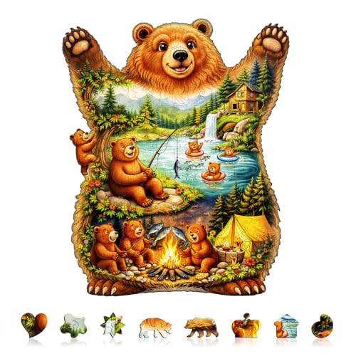 Wooden Puzzles for Adults, The Lives of Bears Wood Puzzles Adult, Unique Animal Shaped Wooden Jigsaw Puzzle, Creative Birthday Gifts for Friends/Family/Puzzle Lovers, Home Decor(M-11.4 * 9.4in 185pcs)