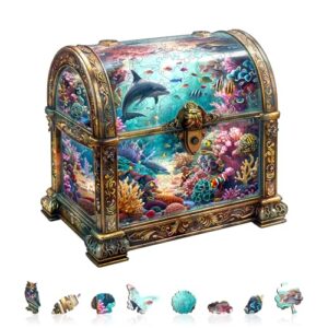 Wooden Puzzles for Adults, Treasure Chest Ocean Wooden Jigsaw Puzzle Unique Shape Animal Wood Puzzles Adult 3D Visual Effect, Birthday Gifts for Puzzle Lovers Family Games (M-11.4 * 11in-190pcs)