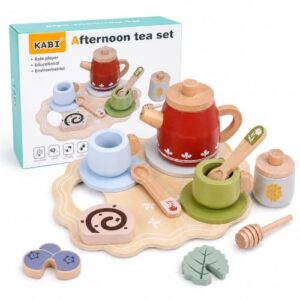 Wooden Red Tea Set Toys - Kids Pretend Play - Tea Party Set with Tea Cup Set and Play Kitchen Accessories - Montessori Toys - Cooking Set - Gift Set for Girls Boys