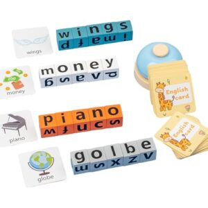 Wooden Spelling Games, Alphabet Letter Matching Toy with 20 Alphabet Blocks & Call Bell, Montessori Educational Learning Toys Gifts for Kids Ages 3+ Boys Girls