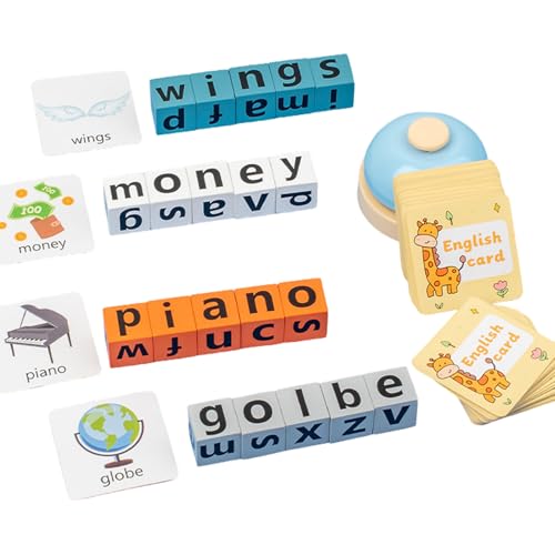 Wooden Spelling Games, Alphabet Letter Matching Toy with 20 Alphabet Blocks & Call Bell, Montessori Educational Learning Toys Gifts for Kids Ages 3+ Boys Girls