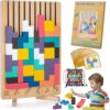 Wooden Stacking Toys 3D Puzzles - Russian Brain Pattern Blocks with Cards & Bag - Montessori Toys for 3-8 Year Old, Color Stack Game Board for Education Color Stack Challenge Game (42 PCS)