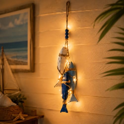 Wooden Starfish & Fish Wall Decor with Warm LED Lights – 23-Inch Handcrafted Coastal Nautical Art with Jute Rope, Ocean Theme Hanging Ornament for Bathroom, Beach House & Entryway (Style-D)