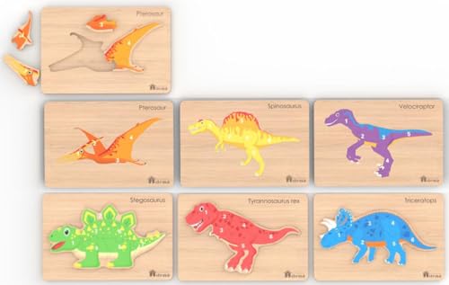 Wooden Toddler Puzzle for Kids 1-3, Montessori Dinosaur Toys for Boys Girls Ages 2-4, Preschool Educational Toy—Learning Animal & Number, 6 Pack Wood Jigsaw Puzzles for 2 Year Old