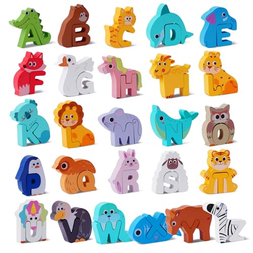 Wooden Toddler Puzzles, Montessori Toys ABC Alphabet Puzzle for Kids Ages 3-5, Cute Animal Shape Letters Matching Game, Preschool Learning Educational Toys Gift for Girls Boys 3 4 5 Years Old