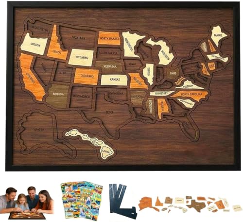 Wooden USA Travel Map Puzzle | A Stylish Way to Track Your Journey & Memories | United States Map Tracker Puzzle Frame | Pin Board with Elements Sticker & Stand Holder for Home Wall Art Decor