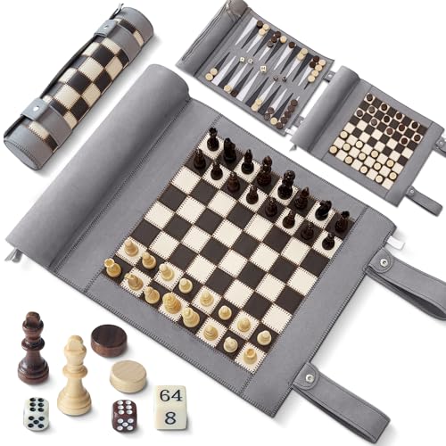Woodronic Magnetic Chess Checkers Backgammon Set, 3 in 1 Magnetic Chess Game for Adult, Roll-up Portable Suede Board Game for Outdoor, Travel Backgammon Strategy Game Set for 2 Players, Grey