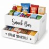 Wood Snack Organizer for Countertop, 4 Compartment Pantry Storage Bins with Drawer & Handles, Farmhouse Snack Bar Organizer for Kitchen Office, Food Container for Chips Candy Drinks (White)